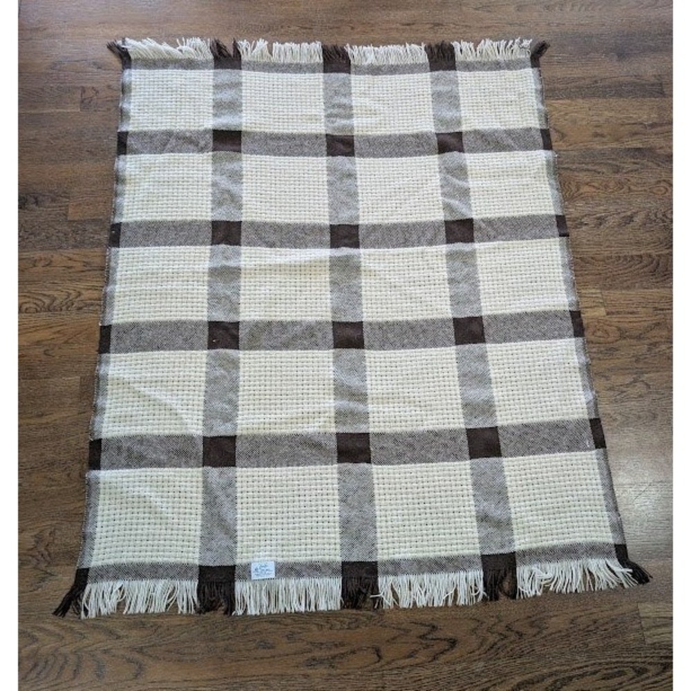 Faribo Faribault 100% Wool Plaid Throw Blanket 56x46 Fringe Cottagecore Lodge‎